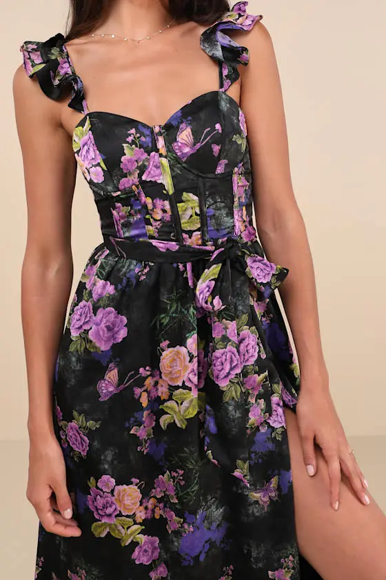 Sweet Like Sangria Pink Floral Ruffled Bustier Midi Dress