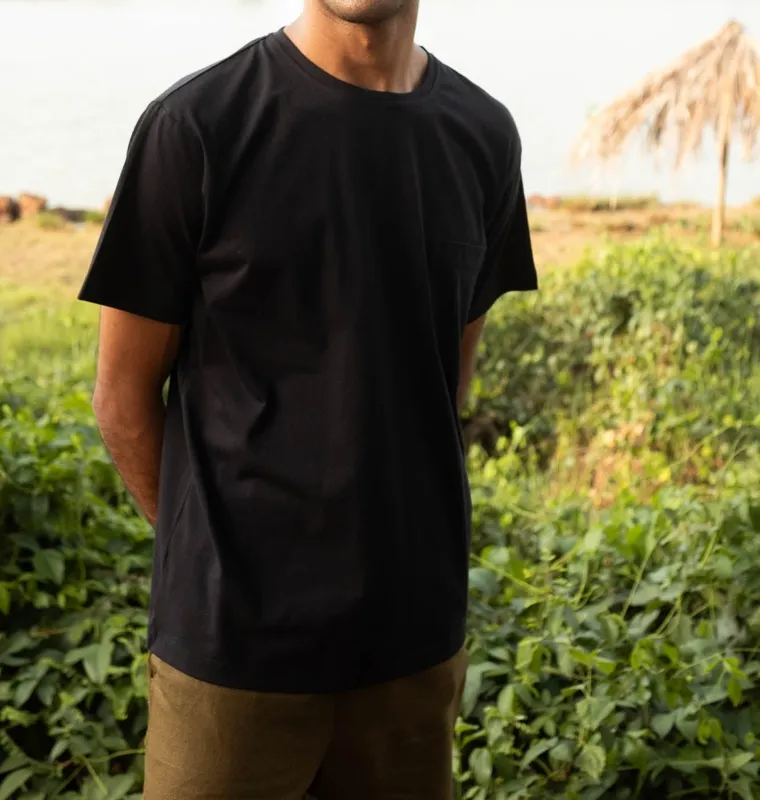 Black Cotton Pocket Crew Neck T-Shirt