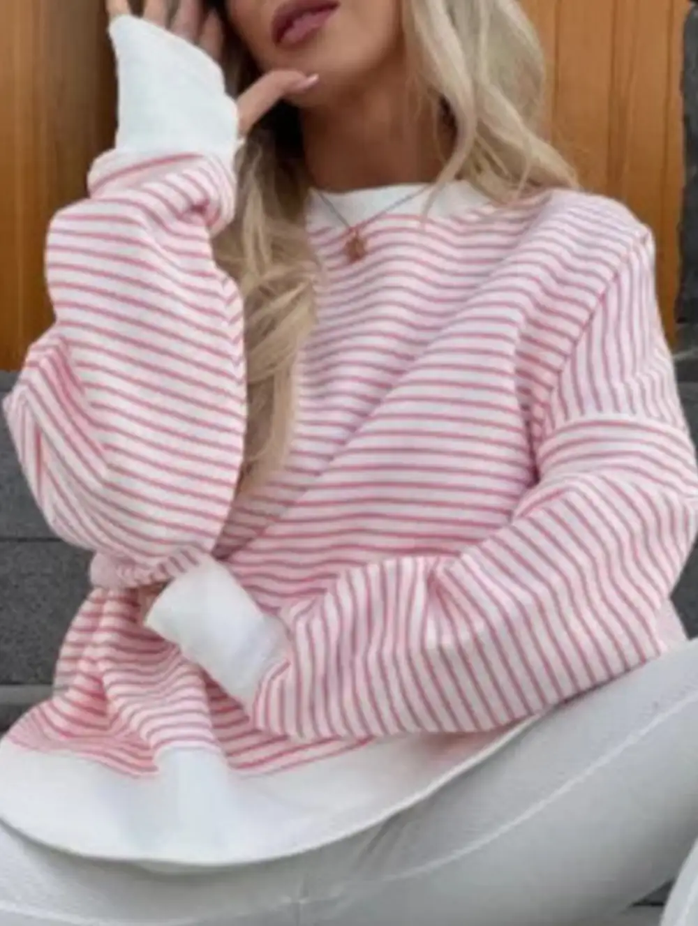 Crew Neck Striped Pullover Sweatshirt