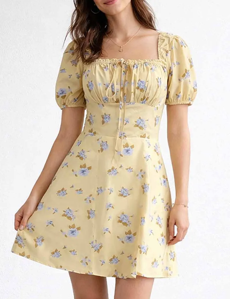 Square Neck Drawstring Short Sleeves Mini Dress