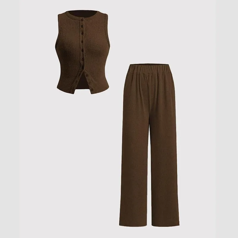 Women'S Knit Button Vest & Pants Set