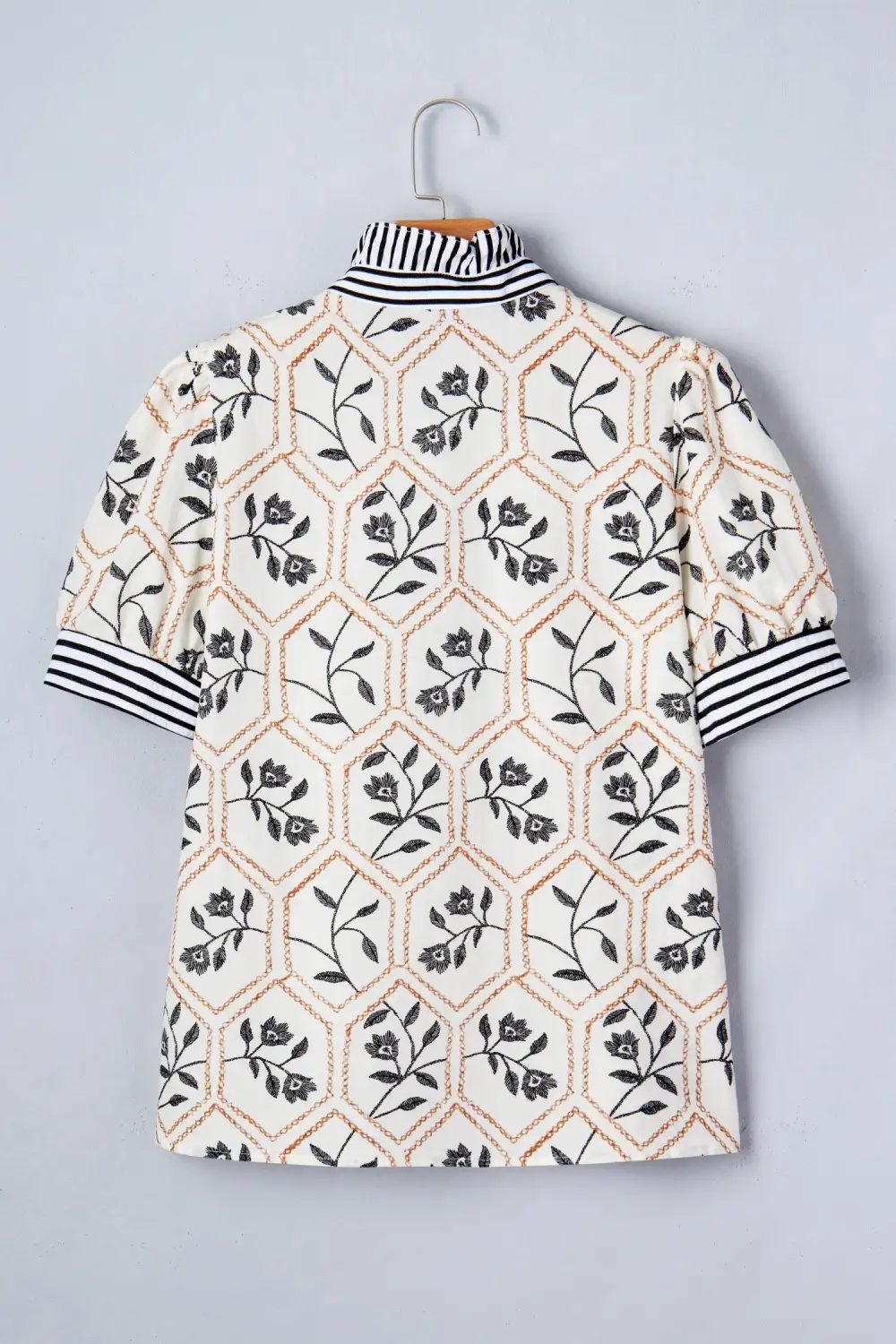 White Floral Print Striped Patchwork Button Neck Short Sleeve Blouse