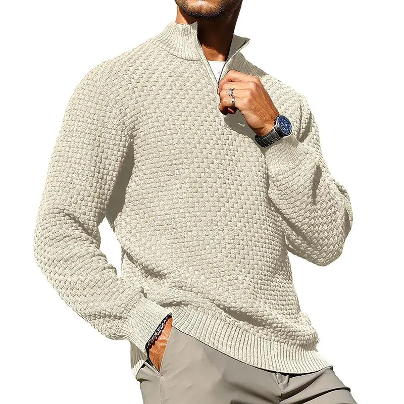 Men's Quarter-Zip Sweater Polo Zip Up Pullover Cable Knit Turtleneck Tops Long Sleeve
