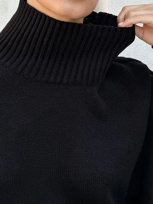 Paneled High Neck Long Sleeve Relaxed Fit Easy Fit Pullover Sweater