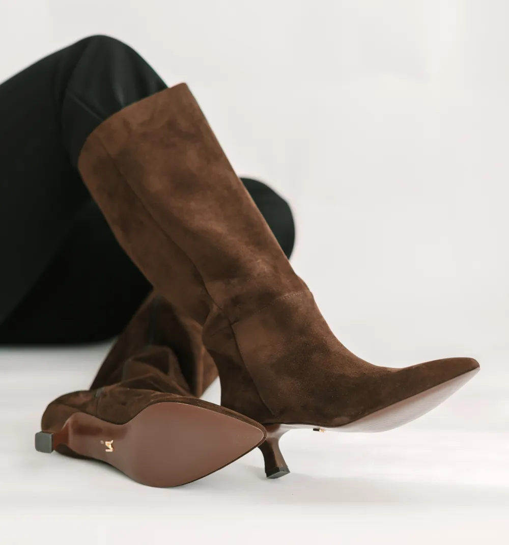 Faux Leather Pointed Toe Kitten Heel Knee High Boots