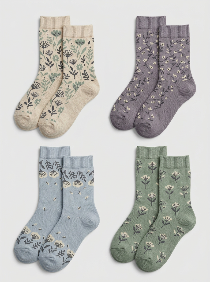 Women's Four-Pair Botanical Jacquard Crew Sock Set