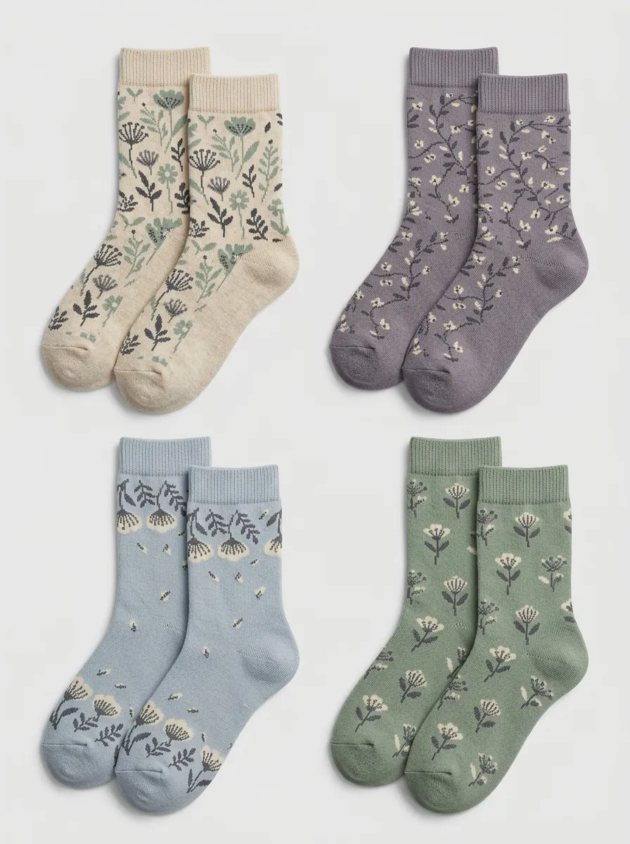 Women's Four-Pair Botanical Jacquard Crew Sock Set