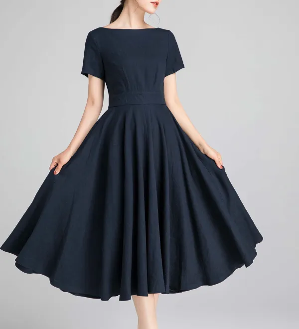 Refined Linen Cotton Fit And Flare Swing Boat Neck Short Sleeve Midi Dress