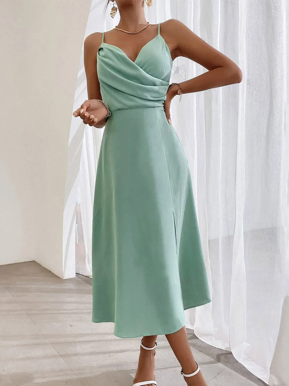 Elegant Spaghetti Strap Pleated Leg Slit Midi Dress