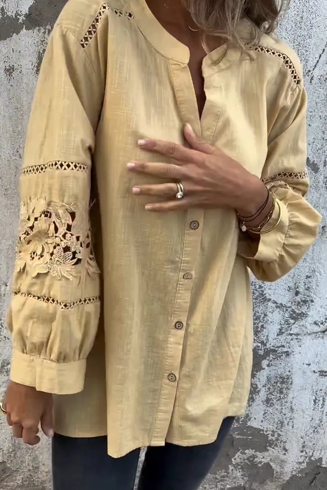 5PACK-Women'S Lace Stitching Cotton And Linen Shirt