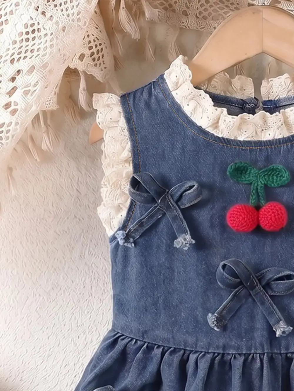 Girls Denim Cherry Applique Dress With Lace Trim