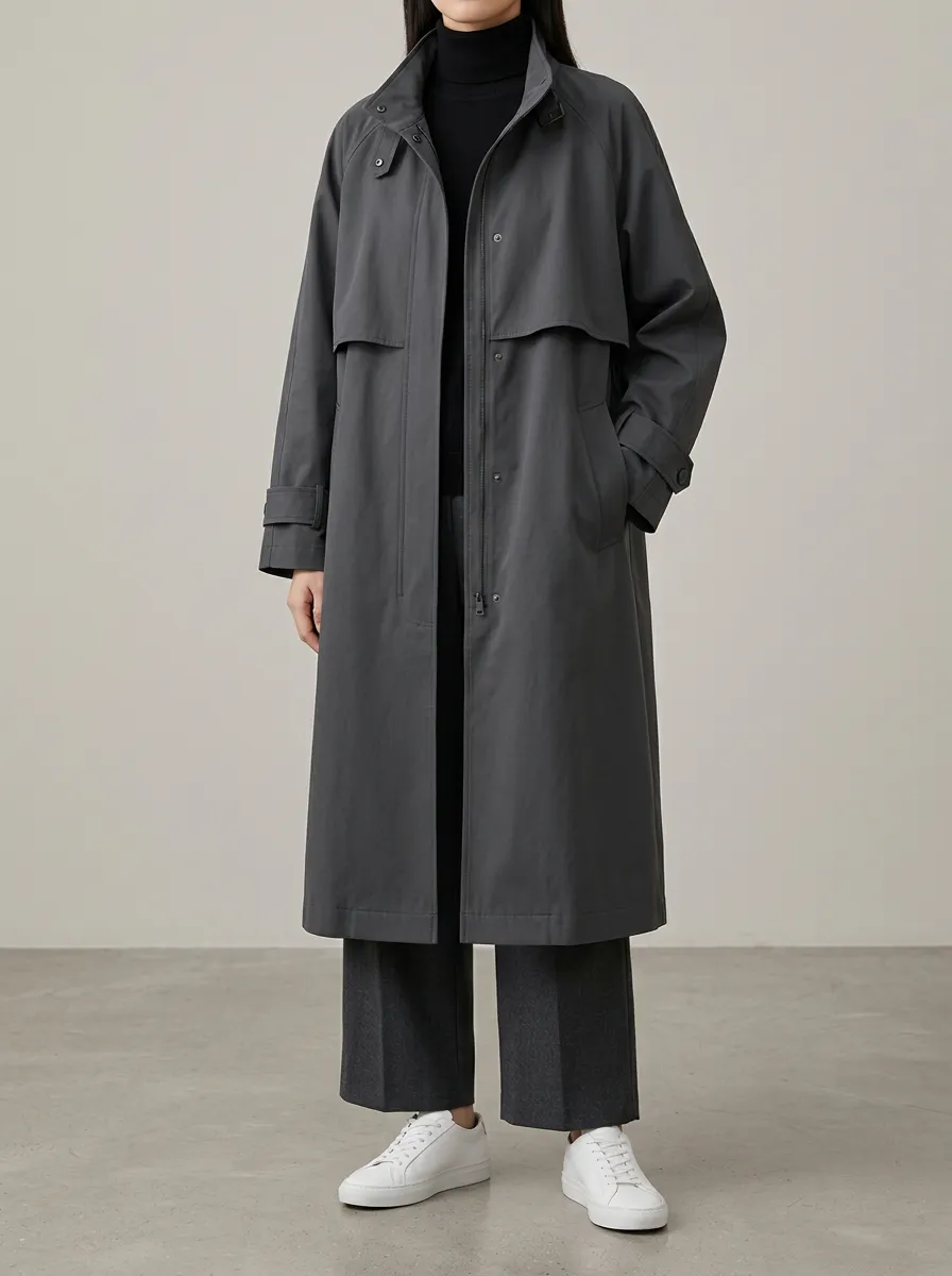 Charcoal Grey Oversized Long Trench Coat with stand collar for Women