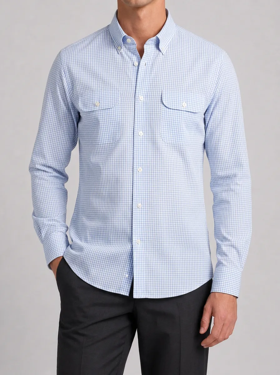 Men's Casual Business Light Blue Gingham Patterned Button-Down Shirt