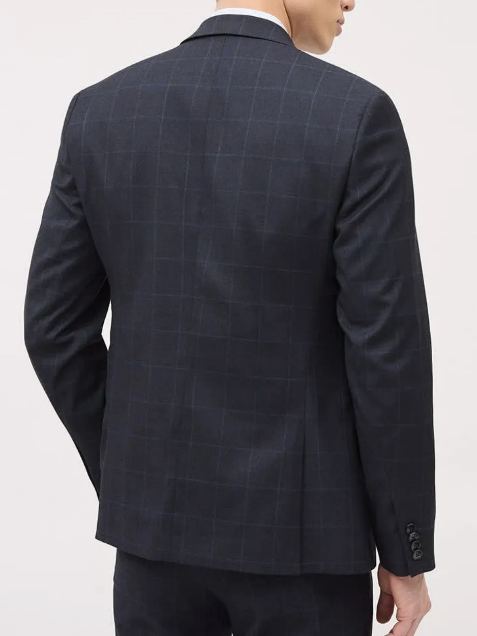 Navy Blue Windowpane Pattern Business Style Suit Blazer