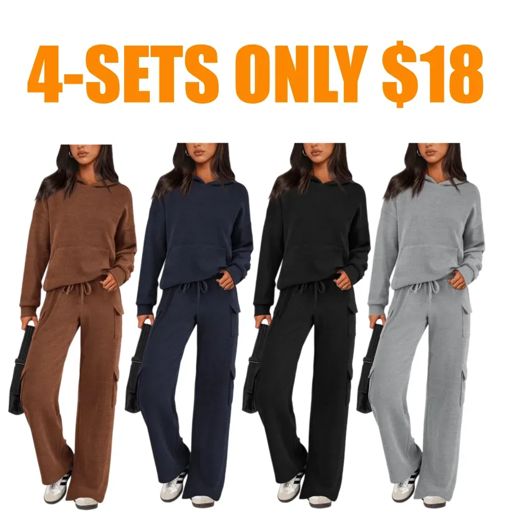 Womens Fall Outfit 2-Piece Knitted Sets Hoodie Tracksuits Wide Leg Pants With Pocket