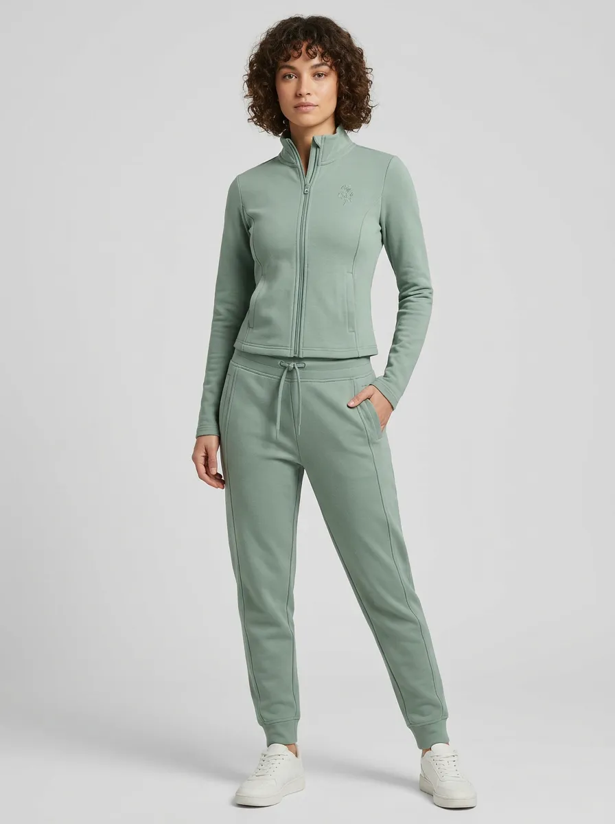 Women's Sage Green Floral Zip-Up Jacket & Jogger Set