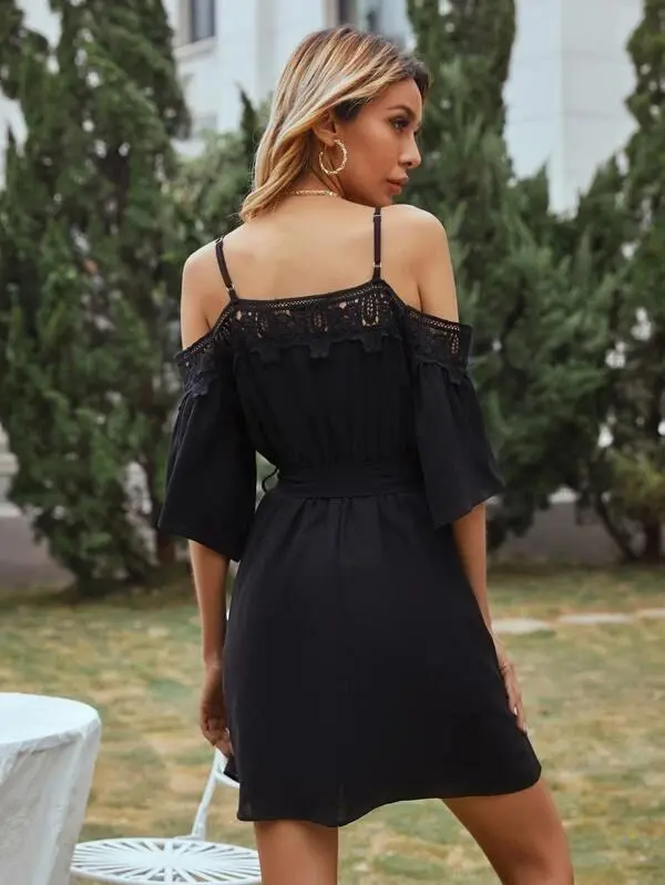 Women Solid Cold Shoulder Belted Dress