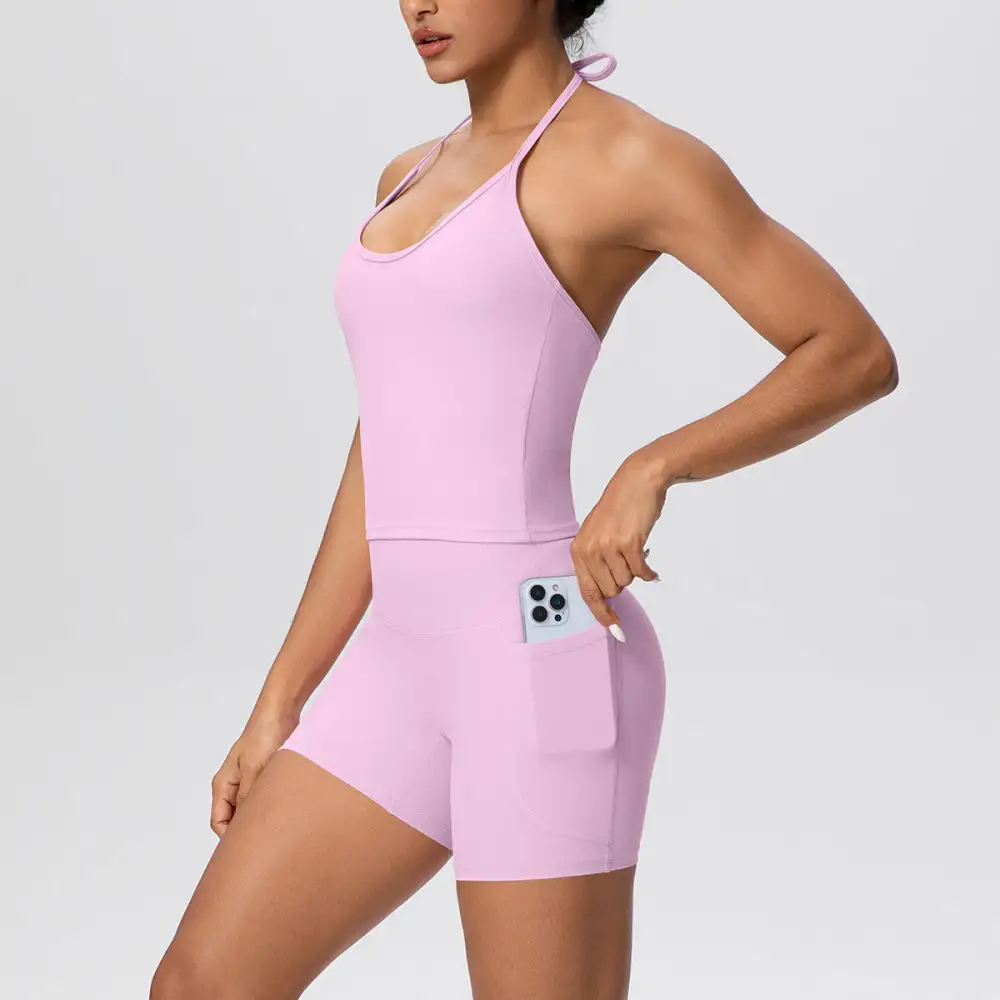 Halter-Neck Backless Top, Vest and Shorts Active Set