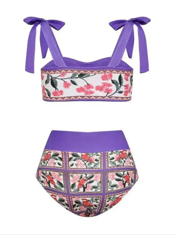 High Waist Blocked Pattern Printed Sun Swimsuit