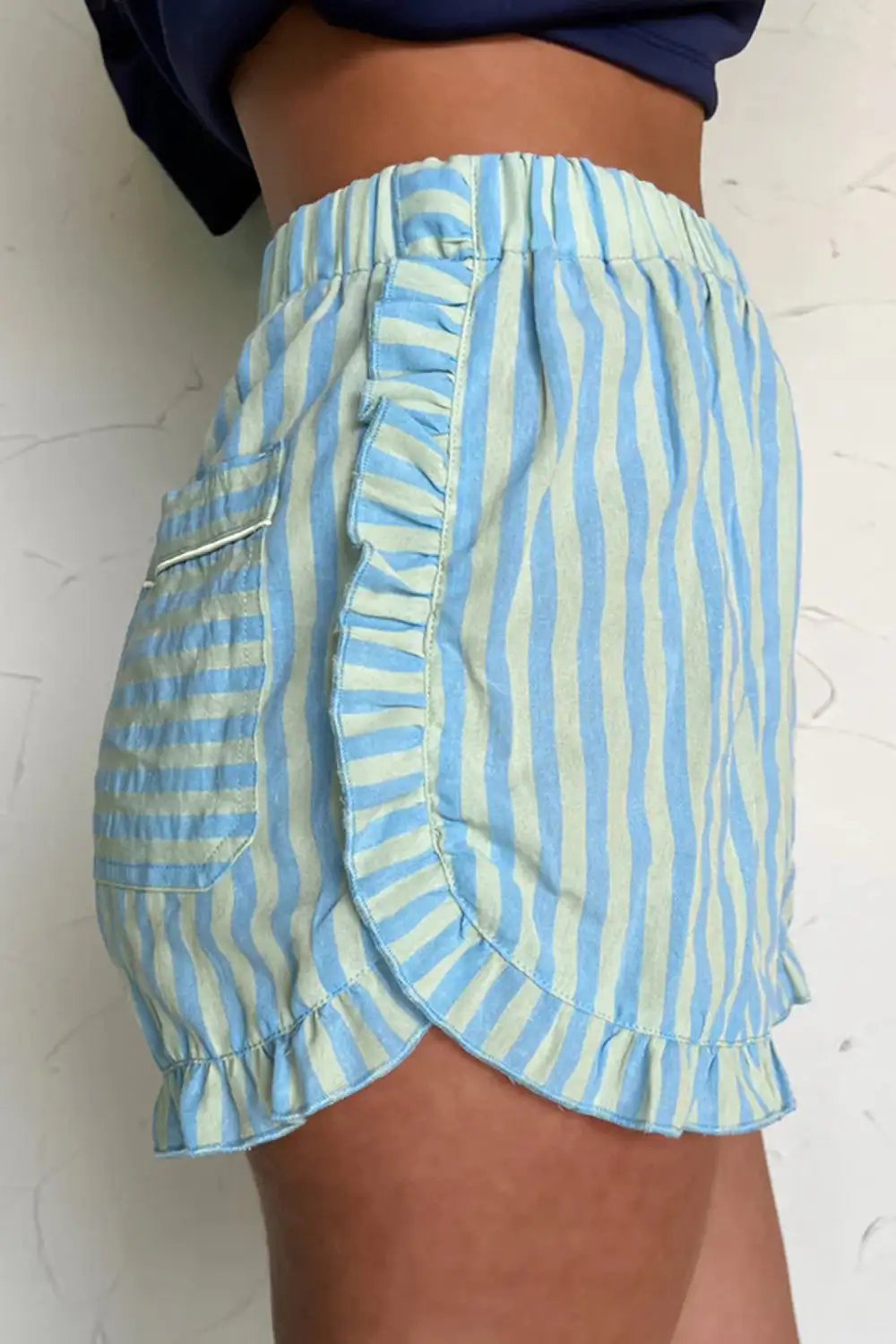 Woven Striped Elastic Waist High Waist Ruffled Shorts