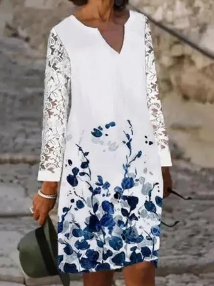 Lace Long-sleeved V-neck Digital Printing Casual Dress