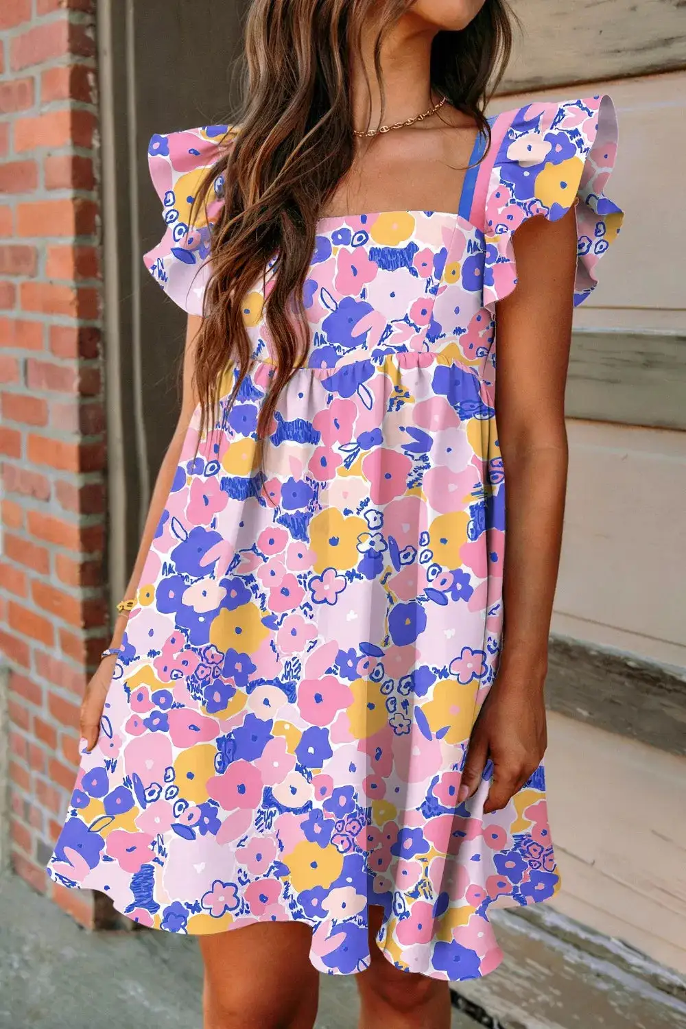 Gathered Detail Floral Striped Square Neck Mini Dress