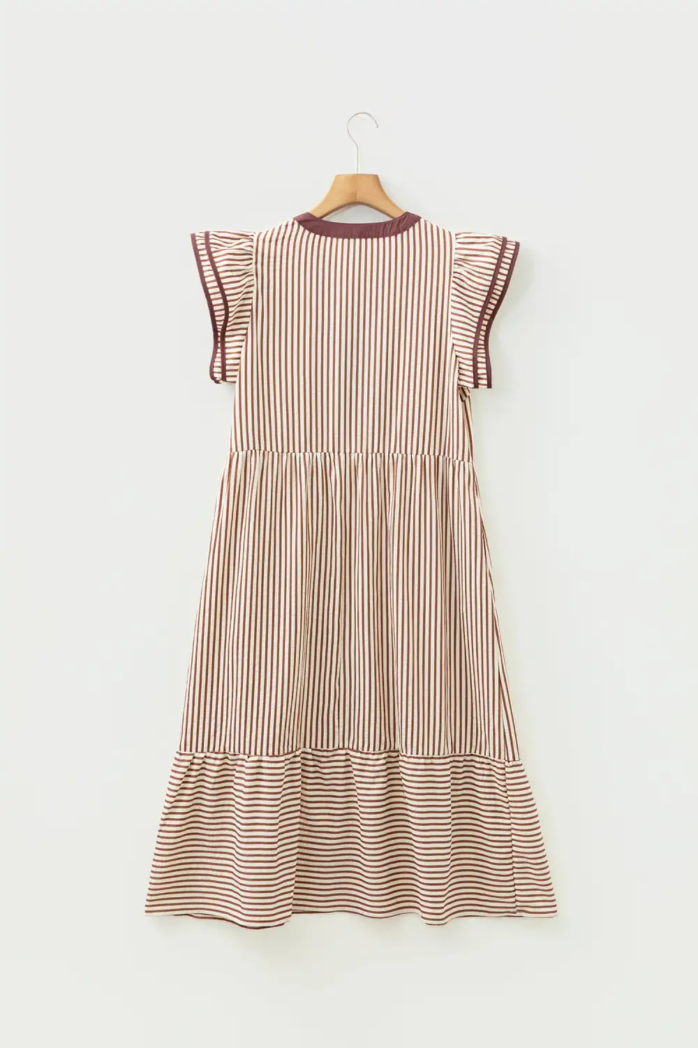 Lightweight Feel Striped V Neck Ruffle Midi Dress