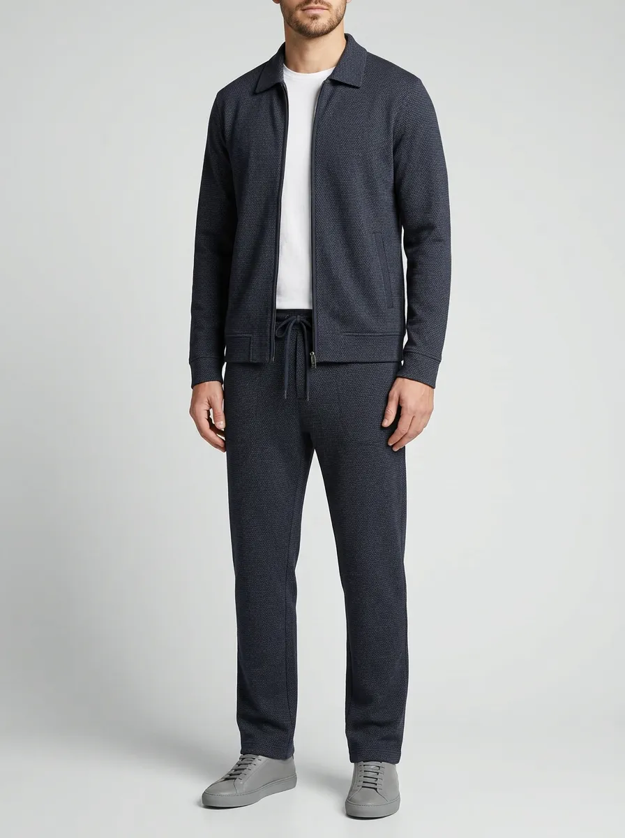 Men's Everyday Textured Zip-Up Minimal Polo Collar Jacket and Jogger Pants Set