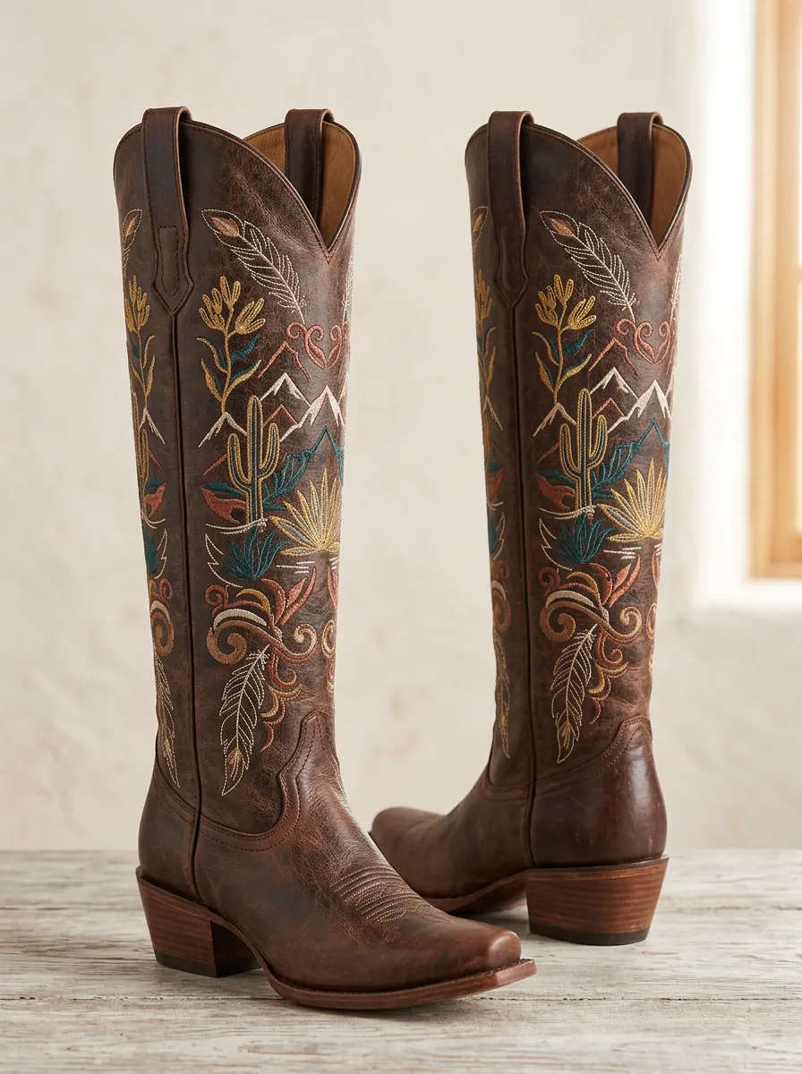 Women's Western Cactus Embroidered Block-Heel Stacked-Heel Southwestern Mountain Denim Over-the-Knee Boots
