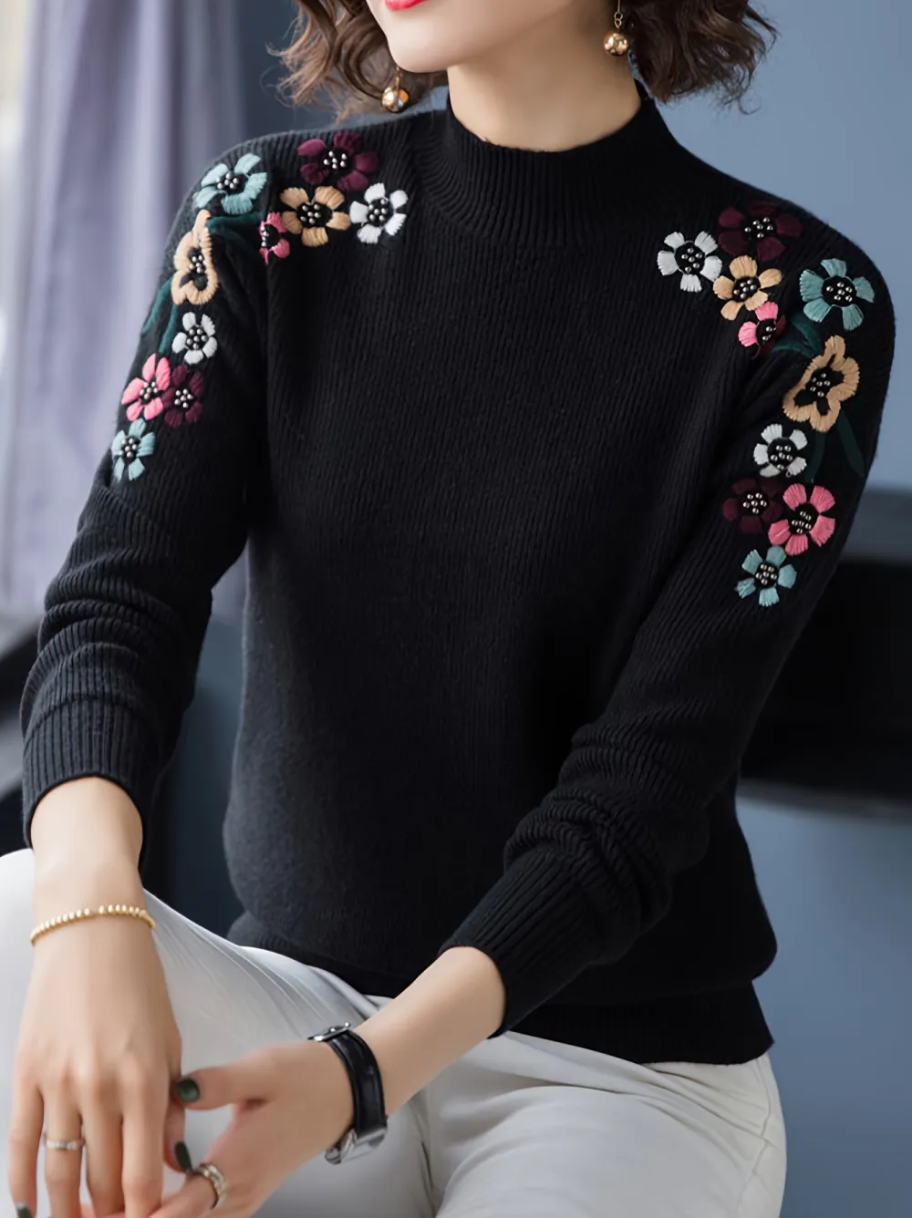 Floral Pattern Mock Neck Knit Sweater Casual