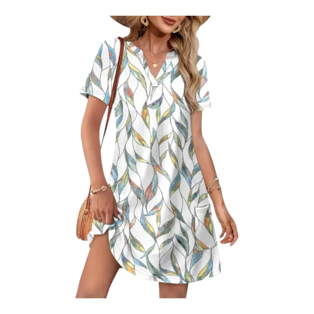 Women’s Summer Casual Dress – V-Neck Short Sleeve Beach Dress
