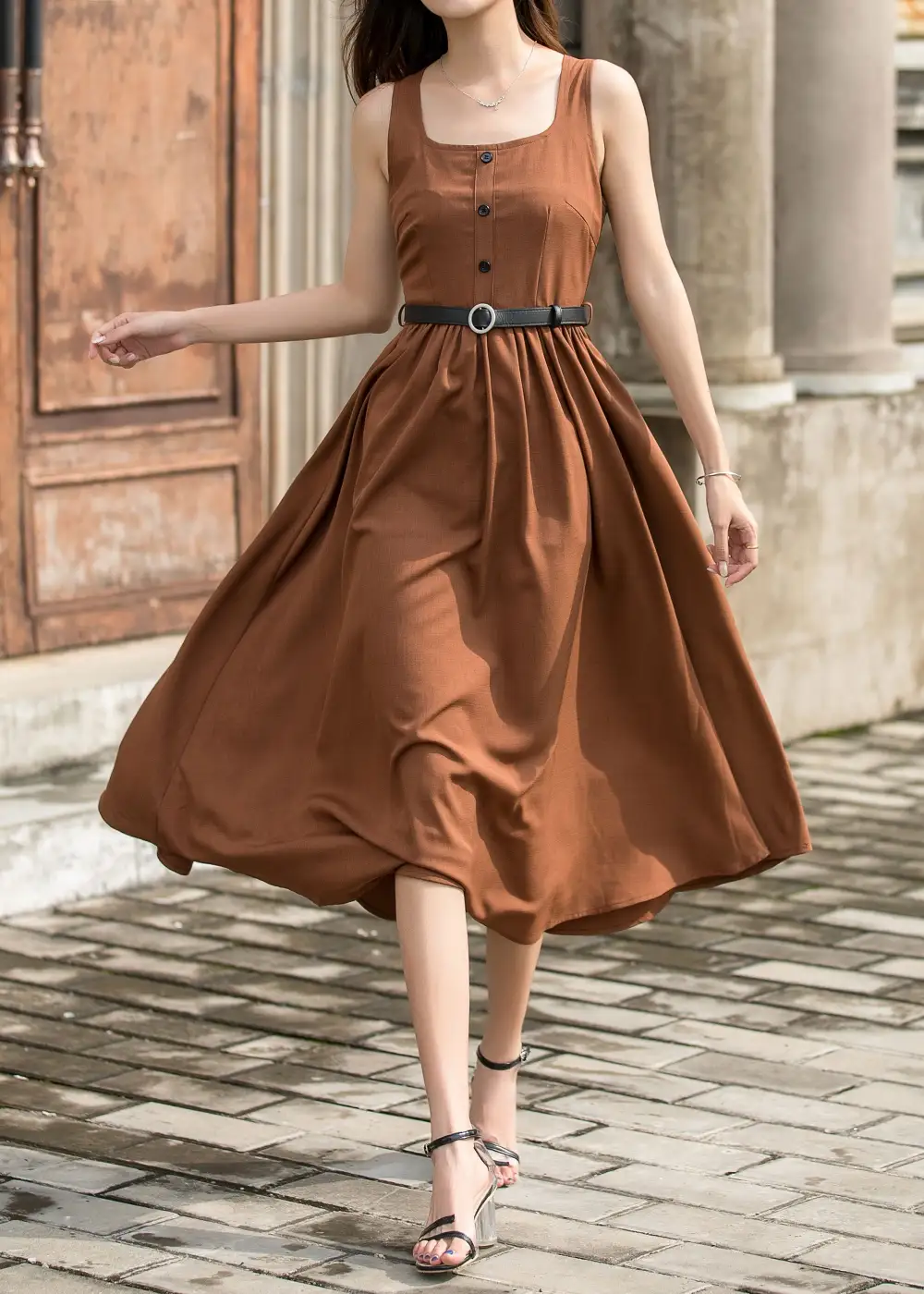 Polyester Pinafore Pleated Midi Dress