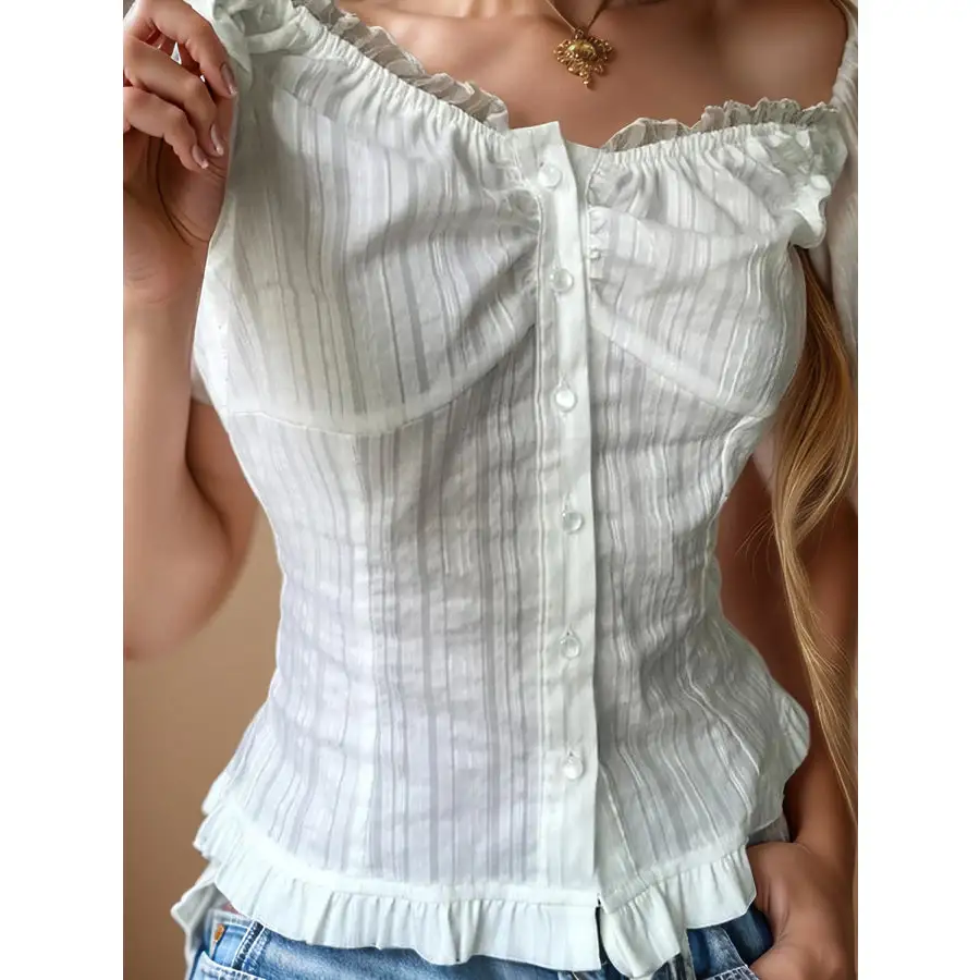 Devine Lace Detail Button Down Off Shoulder Shirt