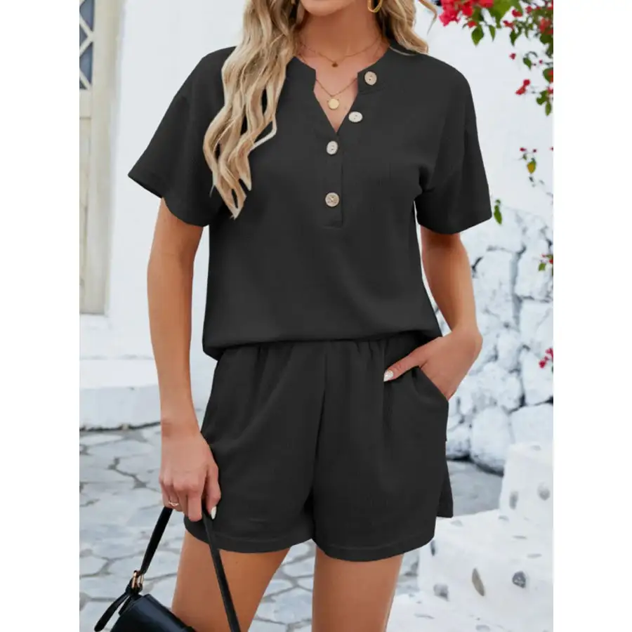 Casual Button Detail Ribbed Top and Shorts Two Piece Set