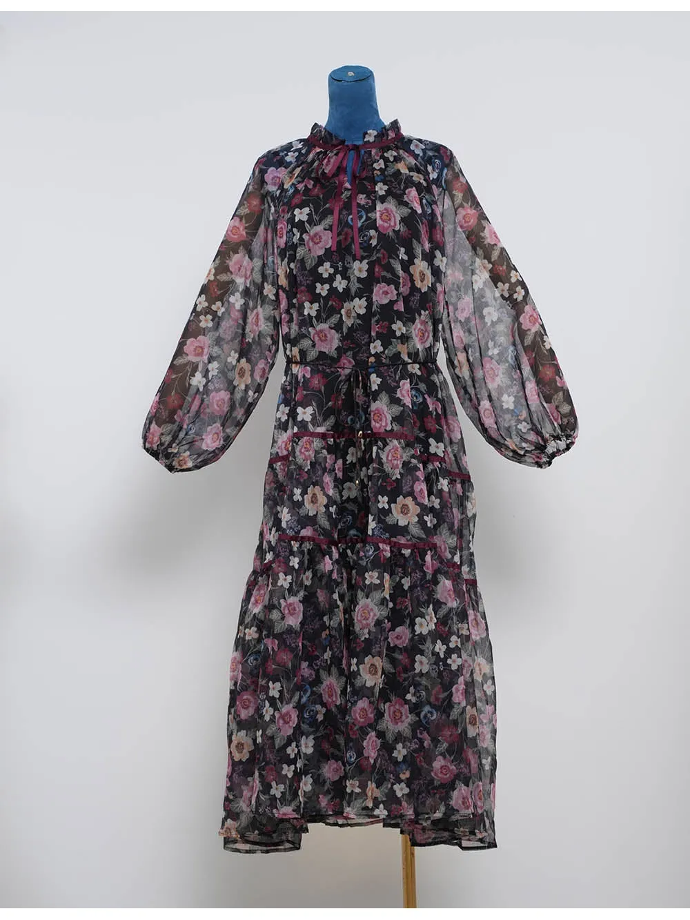 Boho Ruffle Neck Lantern Sleeves Midi Dress