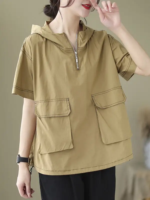 Relaxed Short Sleeve Zip Detail Hooded T-Shirt