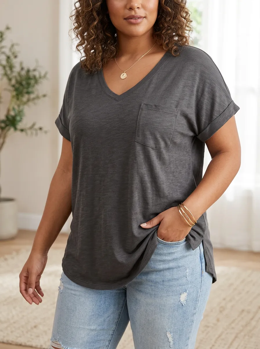 Women's Plus Size Casual Solid Pocket V-Neck Loose T-Shirt