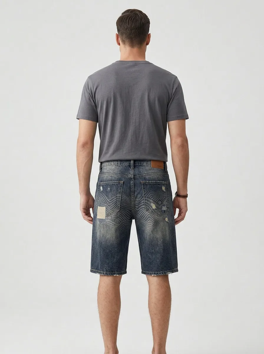 Mobility-Focused Patchwork Distressed Street Look Men's Distressed Raw Hem Denim Shorts