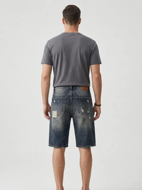 Mobility-Focused Patchwork Distressed Street Look Men's Distressed Raw Hem Denim Shorts