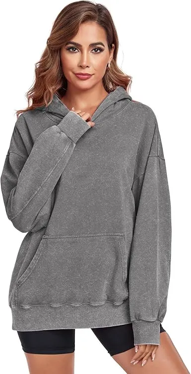 Women's Oversized Acid Wash Cotton Hoodie Minimalist Design Loose Fit with Kangaroo Pocket