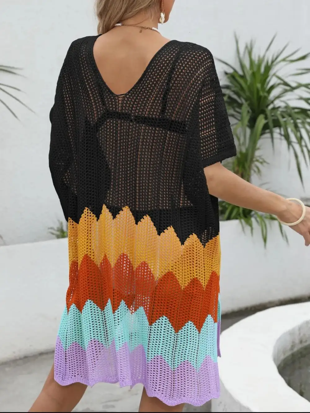 Openwork V Neck Short Sleeve Swim Cover Up