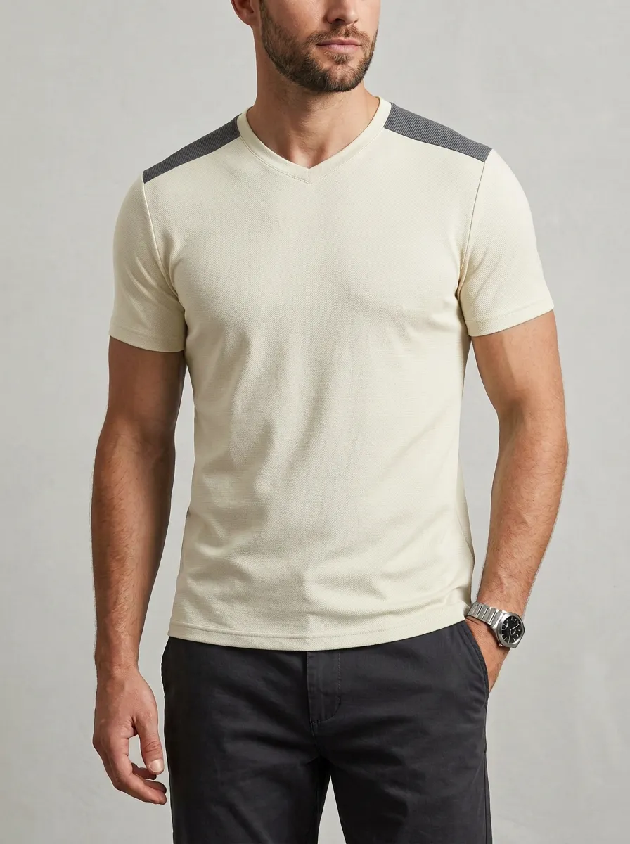 Streamlined Ribbed Textured Contrast Shoulder Modern Look Men's Slim Fit Short Sleeve T-Shirt