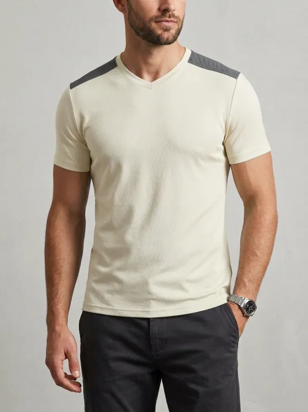 Streamlined Ribbed Textured Contrast Shoulder Modern Look Men's Slim Fit Short Sleeve T-Shirt