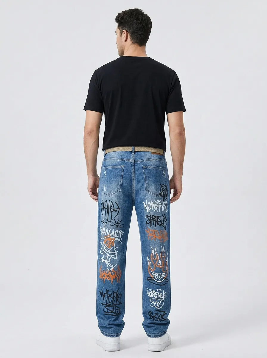 Men's Urban Streetwear Graffiti Flame Jeans