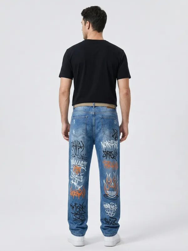 Men's Urban Streetwear Graffiti Flame Jeans