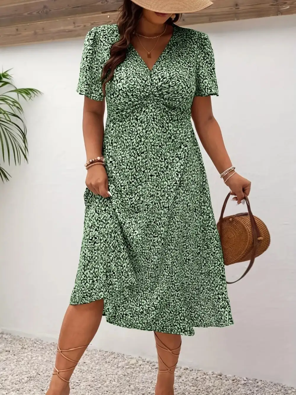Polished Detail Printed V Neck Short Sleeve Midi Dress