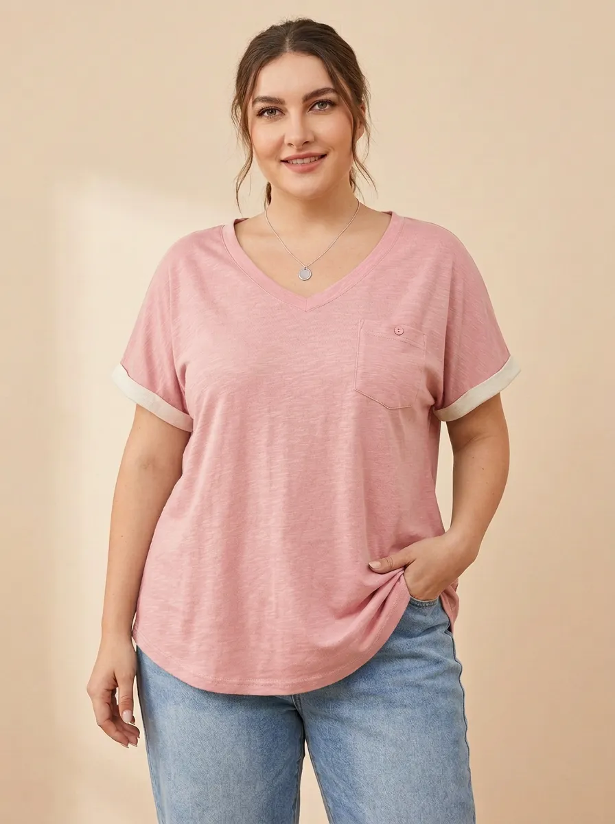 Women's Plus Size Sage Green Pocket Rolled Sleeve V-Neck T-Shirt