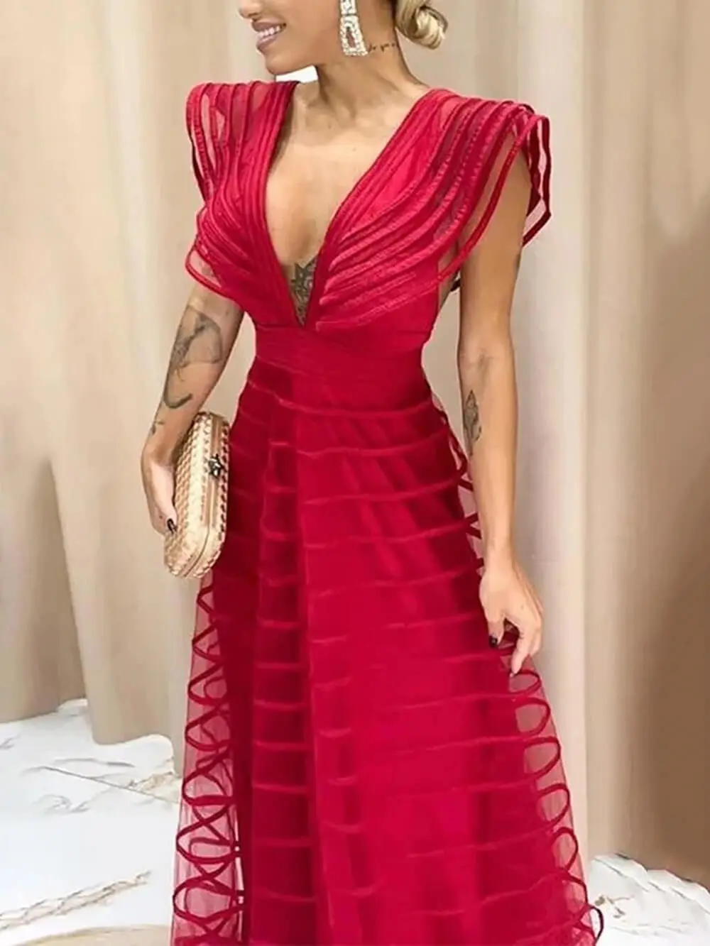 Mesh Panel Deep V Maxi Dress