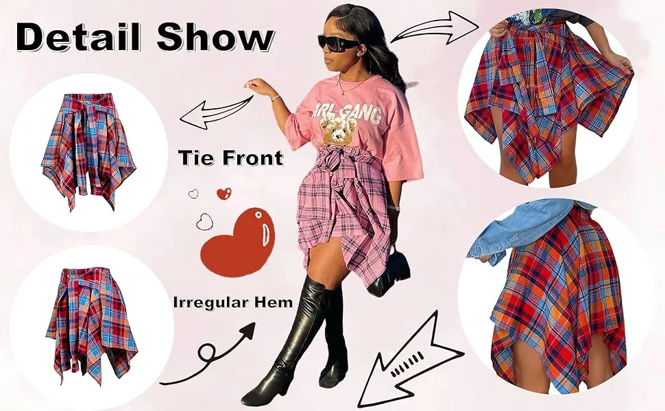 Women's Fashion Style Plaid Print Asymmetrical Hem High Waist Skirt, Casual Comfort Elastic Waist Tiered Layer Knee Length Skirt for Summer Going Out Streetwear, Fashionable Trendy Plaid Skirt, Womenswear Everyday Bottom