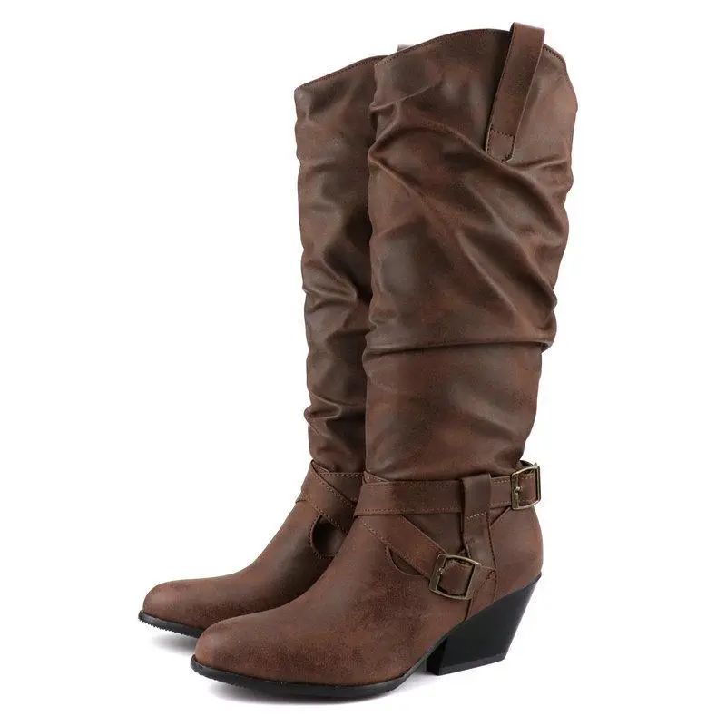 Vintage Buckle Strap Slouch Boots